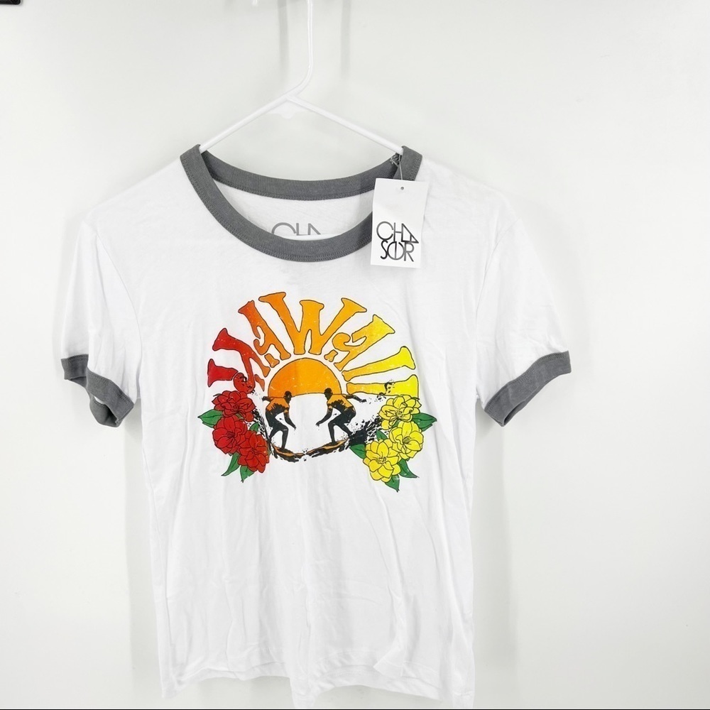 Chaser White Ringer Tee with Sunset Graphic